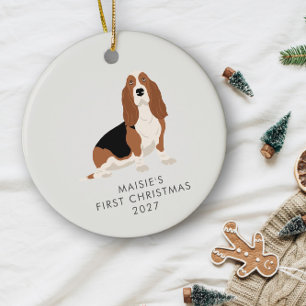 Ornamento De Cerâmica Primeiro Natal Personalizado do Cão Basset Hound