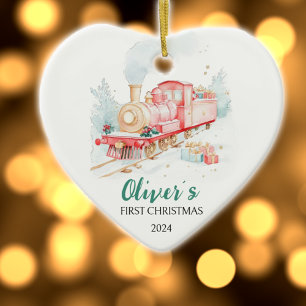 Ornamento De Cerâmica Primeiro Natal Personalizado do Comboio de Aquarel
