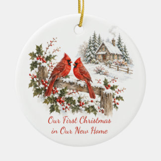 Ornamento De Cerâmica Primeiro Natal Personalizado em Nova Casa Cardinal