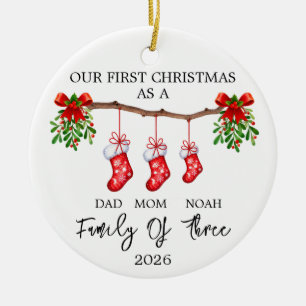 Ornamento De Cerâmica Primeiro Natal Personalizado Família de Três