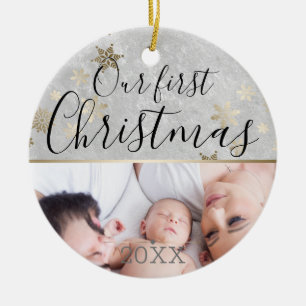 Ornamento De Cerâmica Primeiro Natal Personalizado Foto Prata e Ouro