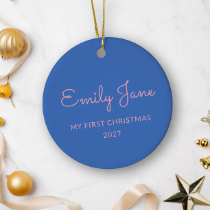 Ornamento De Cerâmica Primeiro Natal Personalizado Nome Fotográfico Azul