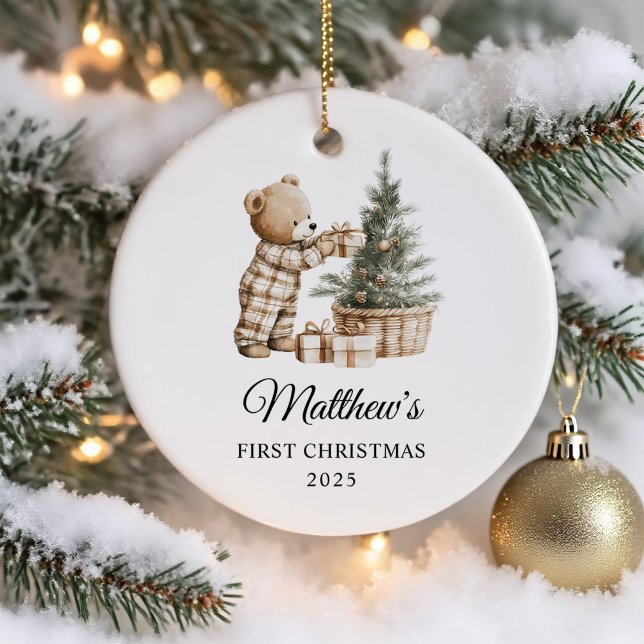 Ornamento De Cerâmica Primeiro Natal Personalizado para Urso Bebê (Criador carregado)