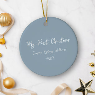 Ornamento De Cerâmica Primeiro Natal Personalizado Script Foto Azul Bebê