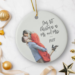 Ornamento De Cerâmica Primeiro Natal Personalizado Sr e Sra Sobreposição
