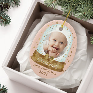 Ornamento De Cerâmica Primeiro Natal Pink Bebê Foto e Nome Globo de Neve