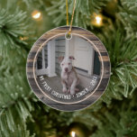 Ornamento De Cerâmica Primeiro Natal Puppy Dog Pet Multi-Photo Keepsaokê<br><div class="desc">Um acento especial para enfatizar sua árvore com este ornamento rústico com suas fotos favoritas com impressão de madeira escura.</div>