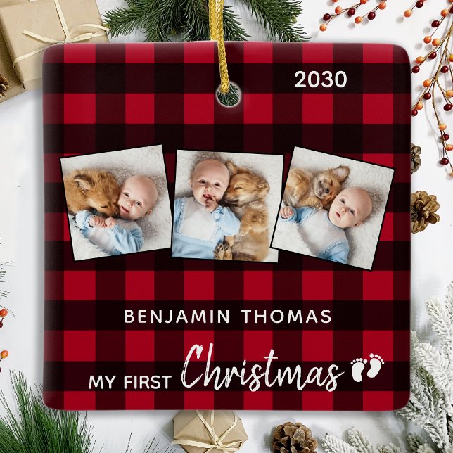 Ornamento De Cerâmica Primeiro Natal Red Buffalo Xadrez 3 Photo Baby (Criador carregado)