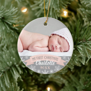 Ornamento De Cerâmica Primeiro Natal Rosa Choque Menina Foto