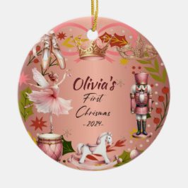 Ornamento De Cerâmica Primeiro Natal - rosa de metal de coquete de bebê