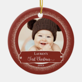Ornamento De Cerâmica Primeiro Natal - Rustic Red Cute Baby Photo