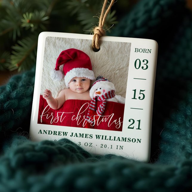 Ornamento De Cerâmica Primeiro Natal - Script Bebê - Estatísticas e Foto (First Christmas Script Baby Birth Stats & Photo Ceramic Ornament)
