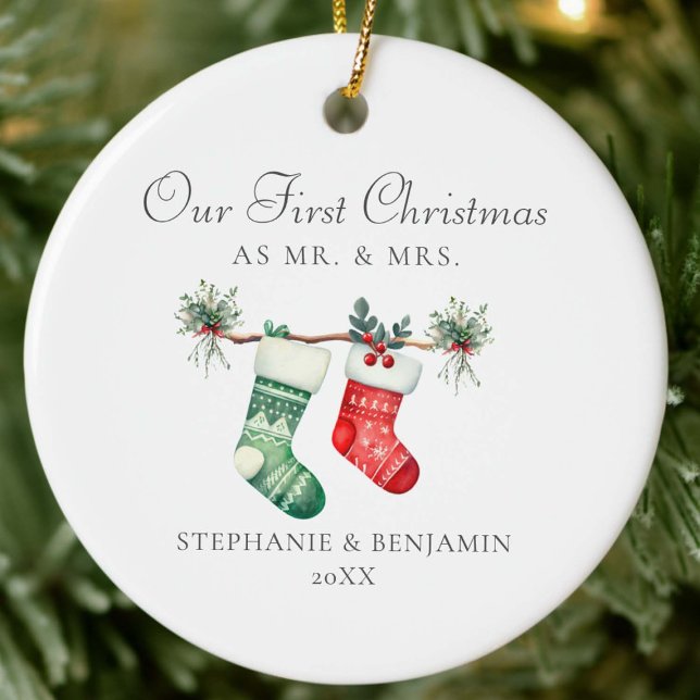 Ornamento De Cerâmica Primeiro Natal, Sr.ª Stockings Greenery Photo (our first christmas married mr mrs stockings modern elegant photo ornament couple keepsake newlyweds)