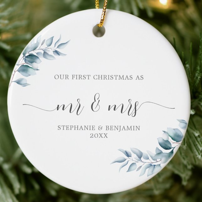 Ornamento De Cerâmica Primeiro Natal Sr. Botânico Ice Blue Elegant (our first christmas mr mrs newlywed couple photo ornament winter wreath greenery elegant minimalist)
