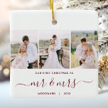 Ornamento De Cerâmica Primeiro Natal, Sr. e Sra. 3 Foto do Script Vermel<br><div class="desc">Comemore o seu primeiro Natal como recém-casados com este belo ornamento moderno do keepsasasaame. O texto vermelho burgundy lê "Our first Christmas as" (Nosso primeiro Natal como), com as palavras "mr & mrs" em um roteiro elegante de escrita manual, com florescimento antes e depois. Substitua as três imagens de exemplo...</div>