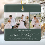 Ornamento De Cerâmica Primeiro Natal, Sr. e Sra. 3 Foto-Script Green<br><div class="desc">Comemore o seu primeiro Natal como recém-casados com este belo ornamento moderno do keepsasasaame. O texto branco lê "Nosso primeiro Natal como", com as palavras "mr & mrs" em um roteiro elegante de manuscrito com florescimento antes e depois. Substitua as três imagens de exemplo por suas fotos verticais favoritas e...</div>