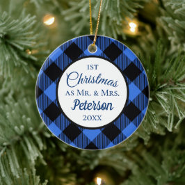 Ornamento De Cerâmica Primeiro Natal Sr. e Sra. Buffalo Blue Xadrez