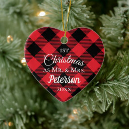 Ornamento De Cerâmica Primeiro Natal Sr. e Sra. Buffalo Xadrez Heart