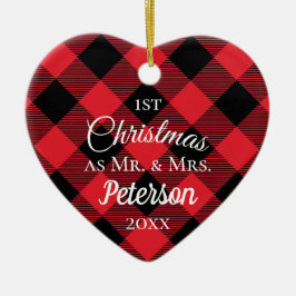Ornamento De Cerâmica Primeiro Natal Sr. e Sra. Buffalo Xadrez Heart