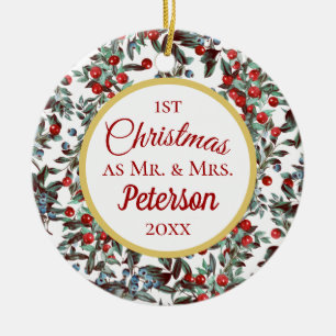 Ornamento De Cerâmica Primeiro Natal Sr. e Sra. Red Blue Berries Cerami