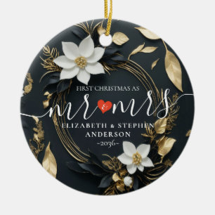 Ornamento De Cerâmica Primeiro Natal Sr Sra Coroa Floral Branca