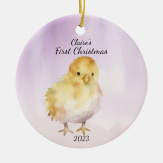 Ornamento De Cerâmica Primeiro Pintinho de Bebê Rosa de Natal Personaliz