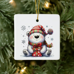 Ornamento De Cerâmica Primeiro Urso Branco Cinto de Natal Personalizado