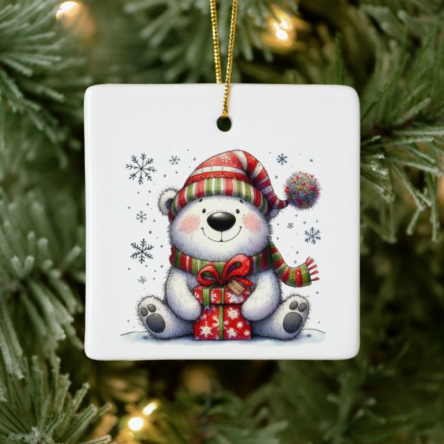 Ornamento De Cerâmica Primeiro Urso Branco Cinto de Natal Personalizado (Árvore)