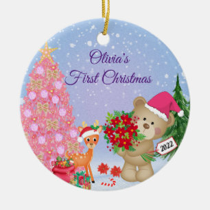 Ornamento De Cerâmica Primeiro Urso de Natal Personalizado do Bebê