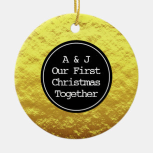 Ornamento De Cerâmica Primeiros Monogramas de Natal Faux Golden Foil