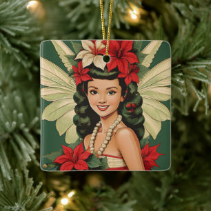 Ornamento De Cerâmica Princesa de Natal Tropical de Retro