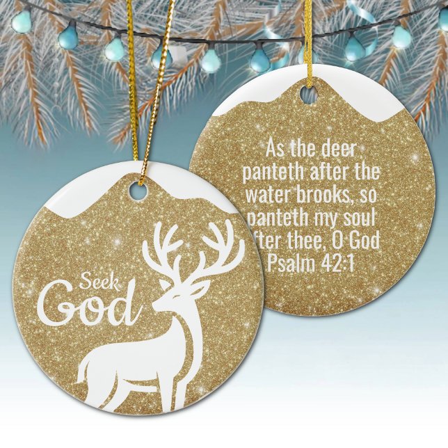 Ornamento De Cerâmica Procure Deus Feriado Religioso  ⛪️ 🎄 (Custom Seek God, Bible Verse Festive Reindeer Devotional Ceramic Ornament Snow Golden Psalm 42:1 🦌✞)