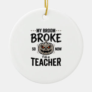 Ornamento De Cerâmica Professor de Halloween Vassoura Quebrou Abóbora Vi