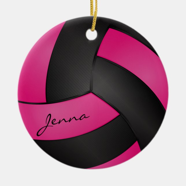 Ornamento De Cerâmica Profundo rosa-quente e preto personalizam voleibol (Frente)