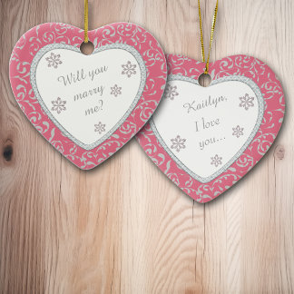 Ornamento De Cerâmica Proposta de Casamento Rosa Damask Faux Diamond