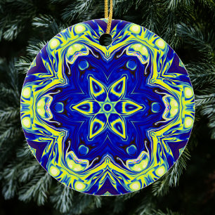 Ornamento De Cerâmica Psicodélico Flor de Mandala Azul e Amarelo