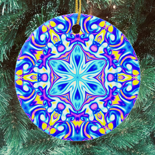 Ornamento De Cerâmica Psicodélico Mandala Flor Azul Roxo e Amarelo