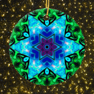 Ornamento De Cerâmica Psicodélico Mandala Flor Azul Roxo e Verde