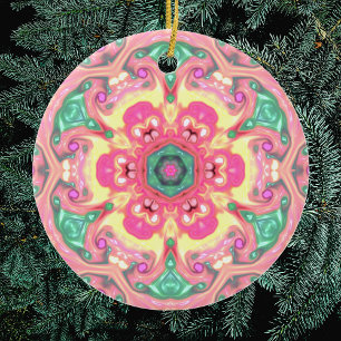 Ornamento De Cerâmica Psicodélico Mandala Flor Verde Rosa e Amarelo