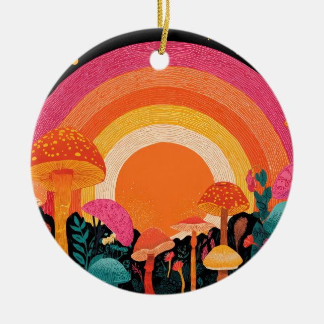 Ornamento De Cerâmica Psychedelic Mushroom Sunset – Retro Fantasy Nature (Frente)