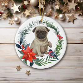 Ornamento De Cerâmica Pug Adorável Puppy Watercolor Poinsettia