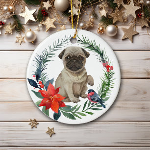 Ornamento De Cerâmica Pug Adorável Puppy Watercolor Poinsettia