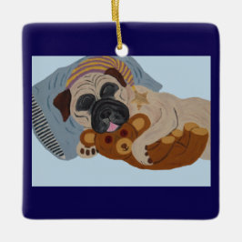 Ornamento De Cerâmica Pug Adormecido com Urso de Pelúcia