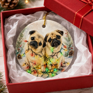Ornamento De Cerâmica Pug Água-forte Natal Coroa Saudação