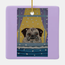 Ornamento De Cerâmica Pug assistindo a neve cair