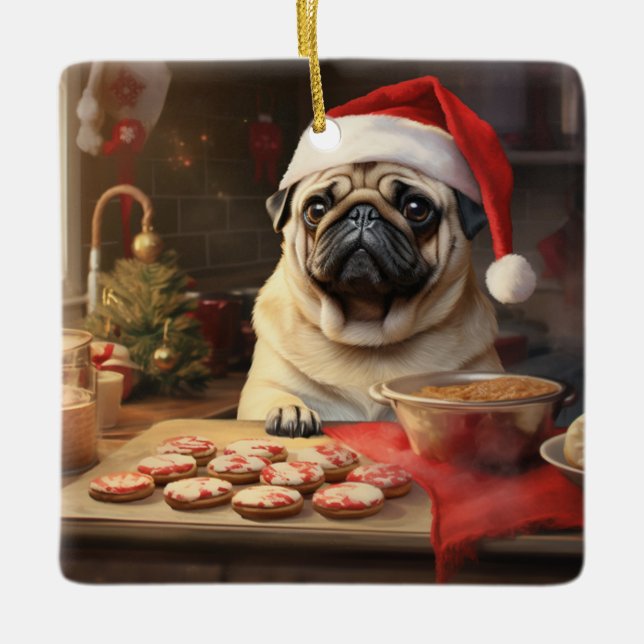 Ornamento De Cerâmica Pug Christmas Cookies Festivo Foliday (Frente)