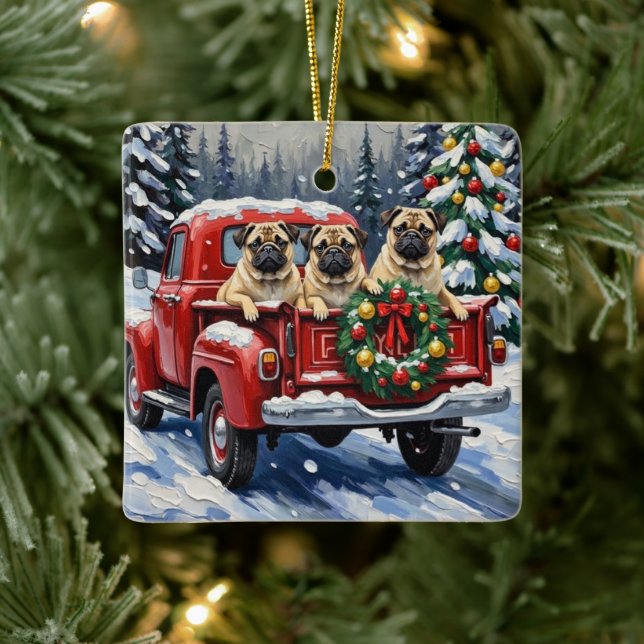 Ornamento De Cerâmica Pug Christmas Red Truck Holiday (Árvore)