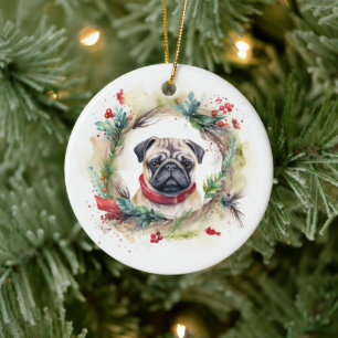 Ornamento De Cerâmica Pug Christmas Wreath Festivo Pup