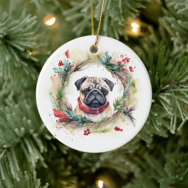 Ornamento De Cerâmica Pug Christmas Wreath Festivo Pup (Árvore)