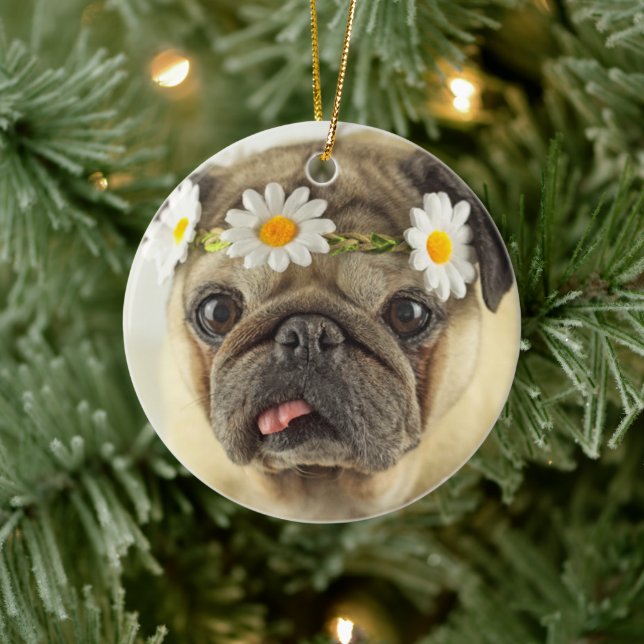 Ornamento De Cerâmica Pug com Daisy Crown (Árvore)